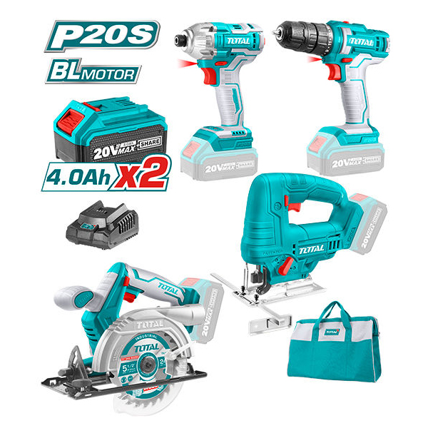 Bộ combo 4 máy gồm máy cưa đĩa, máy cưa lọng, máy khoan pin, máy vặn vít dùng pin Total TCKLI20104