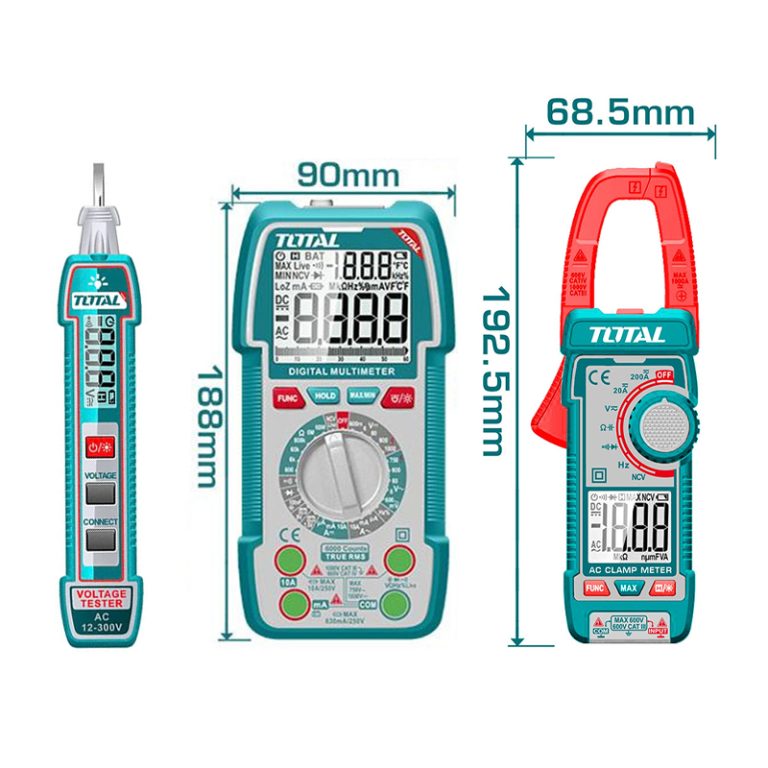 Combo cho thợ điện gồm – Bút thử điện THTS33001 & Đồng hồ vạn năng TMT5310002 & Ampe kìm TMT762002 Total TOS24067