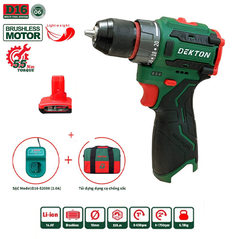 Combo máy khoan pin 16.8V Dekton D16-KVT1055PRO (1 Pin 4.0Ah, 1 Sạc)